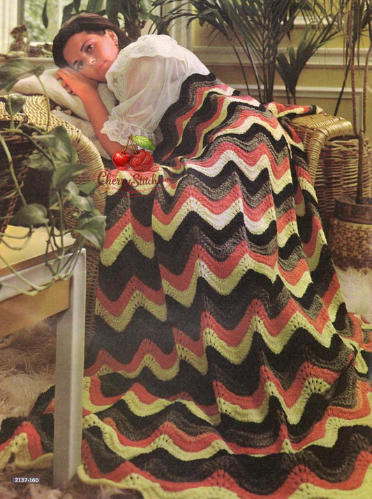 Vintage 1968 chevron afghan blanket knitting pattern. Classic ripple wave design in 4 colours, simple 4-row repeat. Worsted Aran weight, 45'' x 57''. Easy beginner blanket.