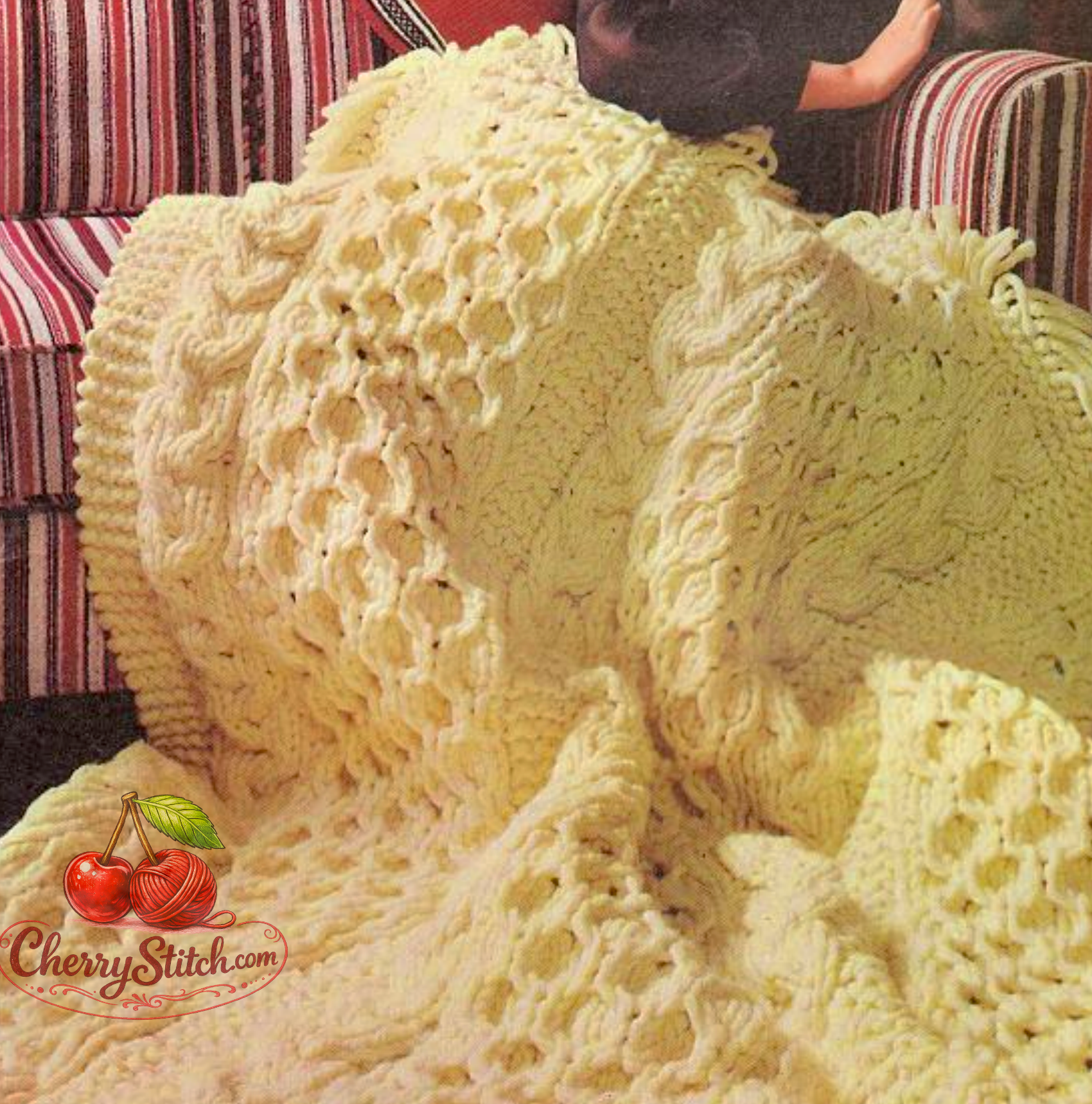 Close-up of Honeycomb and Aran Cables stitch texture on vintage 1968 luxury afghan blanket knitting pattern. Restored classic design — bulky yarn doubled for an incredibly thick, squishy, spongy finish.