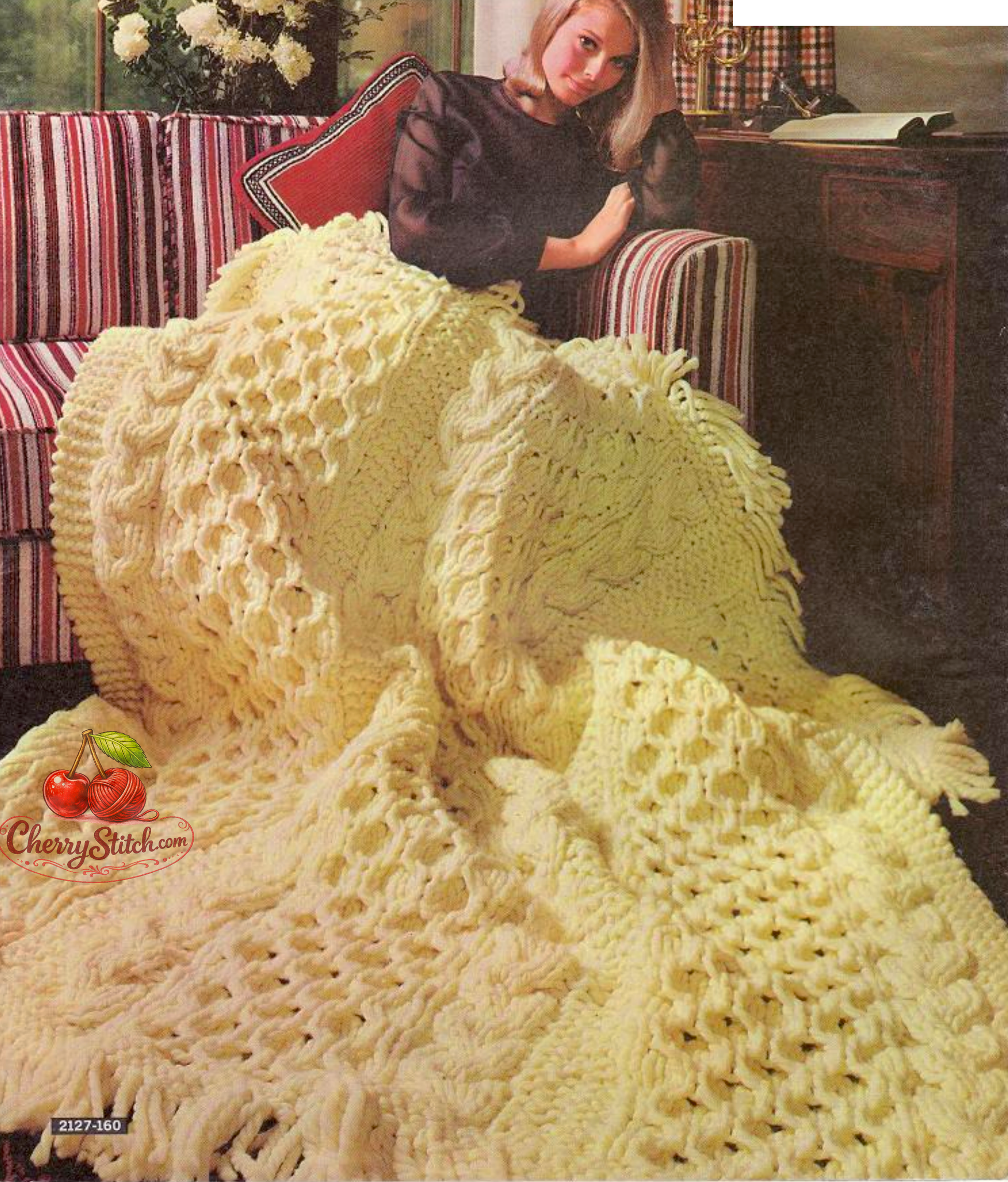 Vintage 1968 Honeycomb and Aran Cables afghan blanket knitting pattern. Luxury thick blanket in 3 strips, bulky yarn worked double throughout for deep pillowy texture. 54'' x 62''. Easy knit.