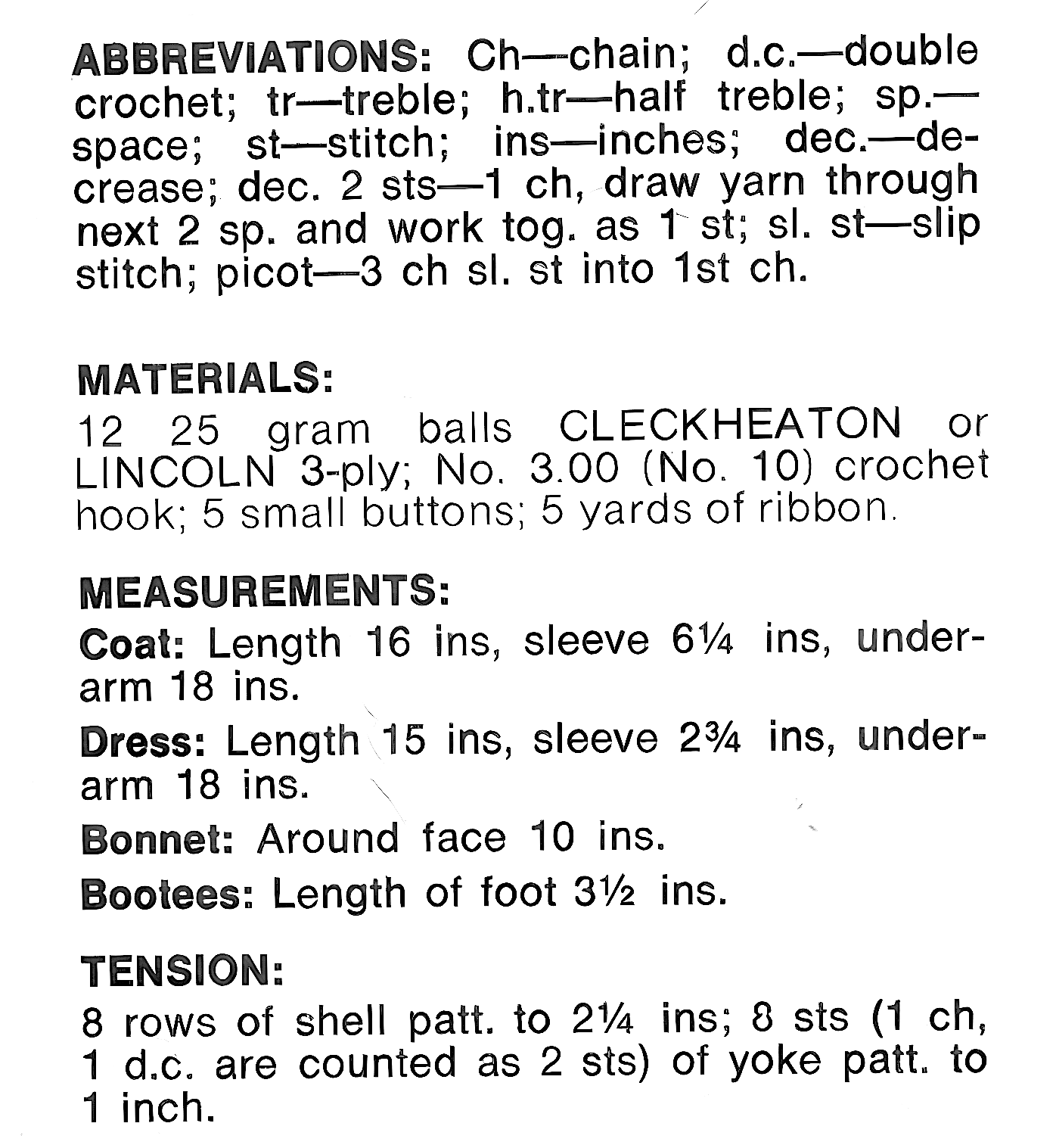 Materials and measurements for vintage 1960s baby layette crochet pattern — matinee coat cardigan, dress, bonnet and bootees, shell stitch, 3ply/4ply, 18''–19'' underarm. UK crochet terms.