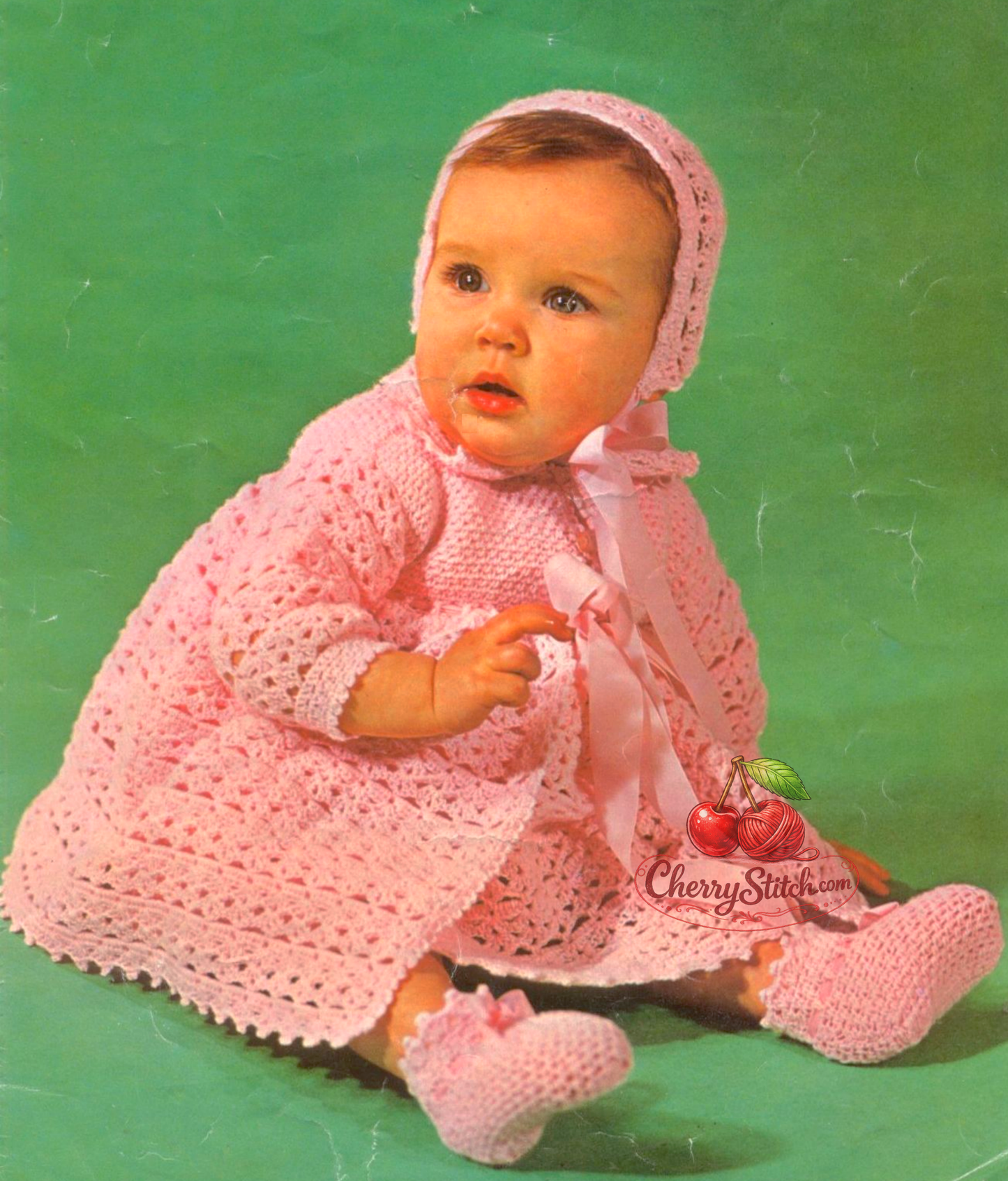 Vintage 1960s baby layette crochet pattern — matinee coat cardigan, dress, bonnet and bootees in lacy shell stitch. 3ply or 4ply yarn, 18''–19'' underarm, approx. 3–9 months. UK crochet terms.