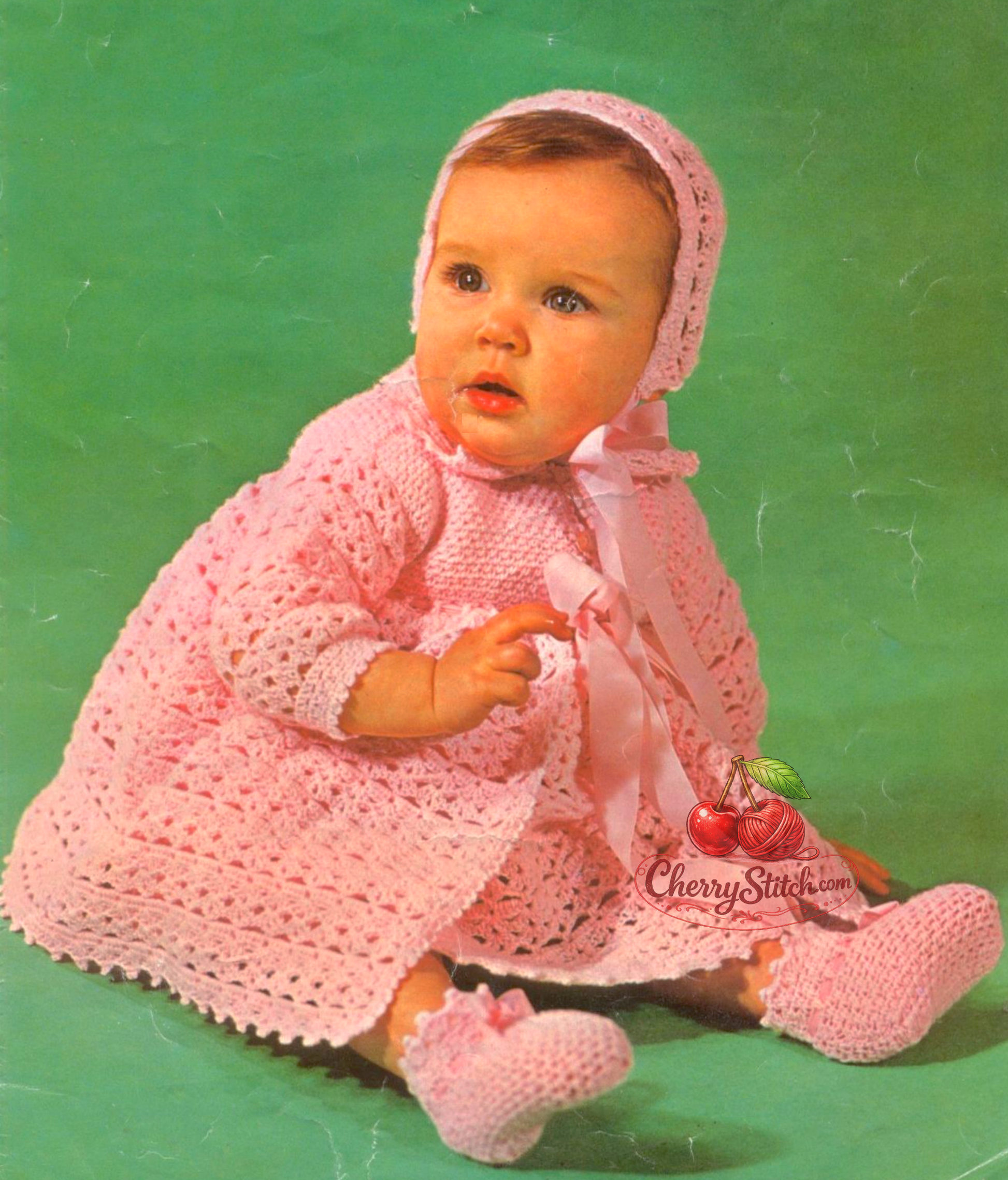 Vintage 1960s baby layette crochet pattern — matinee coat cardigan, dress, bonnet and bootees in lacy shell stitch. 3ply or 4ply yarn, 18''–19'' underarm, approx. 3–9 months. UK crochet terms.