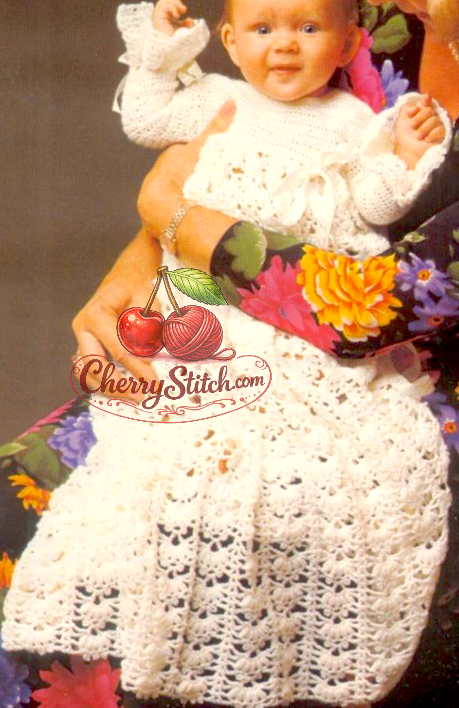 Close-up of scallop lace skirt on vintage 1970s baby christening gown crochet pattern. Restored heirloom design — exquisite lace stitch flowing from mid chest, 3ply yarn. UK crochet terms.