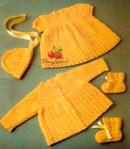 Vintage 1970s baby layette crochet pattern — matinee coat cardigan, short-sleeved dress, bonnet and bootees. Raglan bodice in double crochet, wide shell stitch skirt. 4ply yarn, 16'' – 18'' (40 – 45 cm), approx. Birth and 6 months. UK crochet terms.