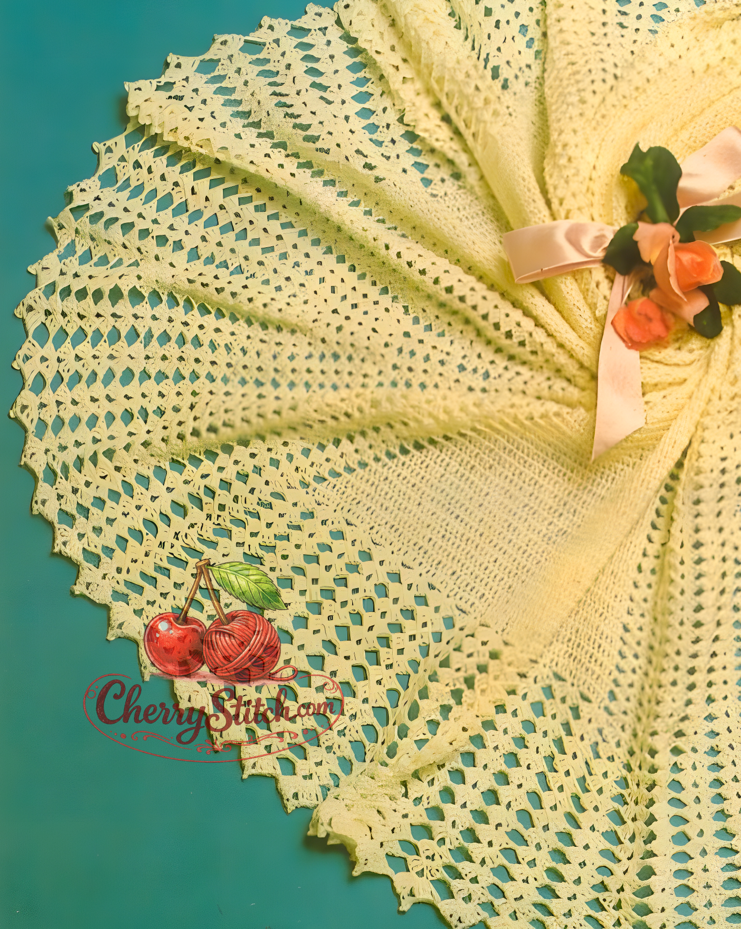 Close-up of lacy shell stitch detail on vintage 1970s baby round shawl crochet pattern. Restored retro design — pretty, airy shell stitch in 3ply yarn, 50'' / 127 cm diameter.