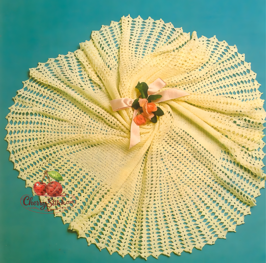 Vintage 1970s baby round shawl crochet pattern. Large circular shawl in lacy shell stitch, 3ply yarn, 50'' / 127 cm diameter. Beautiful baby shower gift or christening accessory. Easy crochet.