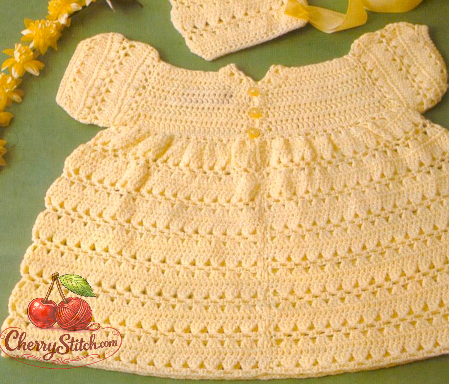 Close-up of shell stitch on vintage 1970s baby girl dress crochet pattern. Restored retro design — pretty, airy shell stitch in 3ply yarn. Matching bonnet and bootees included. UK crochet terms.