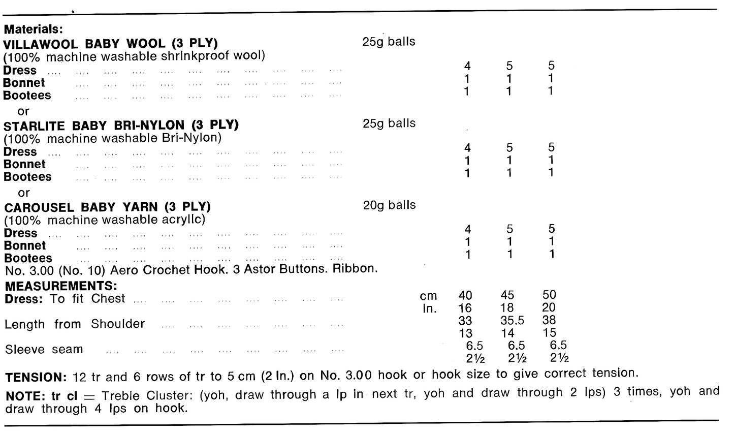 Materials and measurements for vintage 1970s baby girl dress, bonnet and bootees crochet pattern — shell stitch, 3ply yarn, 16'' – 18'' – 20'' (40 – 45 – 50 cm). UK crochet terms.