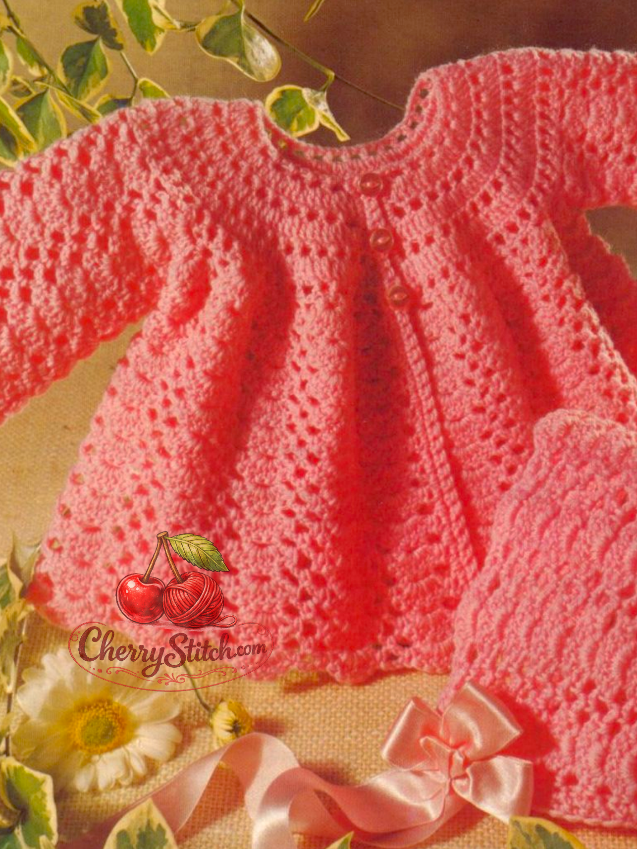 Close-up of all-over lace stitch on vintage 1970s baby matinee jacket crochet pattern. Restored heirloom design — delicate lace yoke flowing into a wide lacy skirt, 4ply yarn. UK crochet terms.