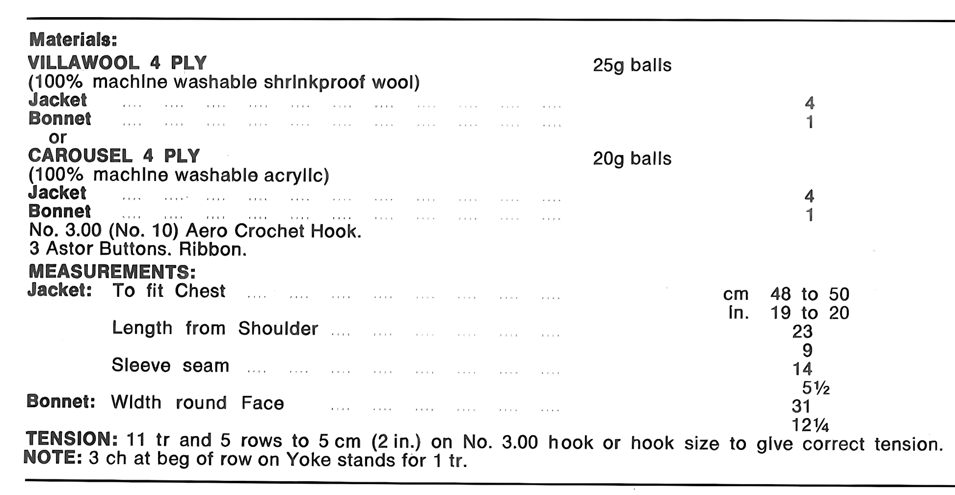 Materials and measurements for vintage 1970s baby matinee jacket and bonnet crochet pattern — all-over lace stitch, top-down yoke, 4ply yarn, 19'' – 20'' (48 – 50 cm). UK crochet terms.