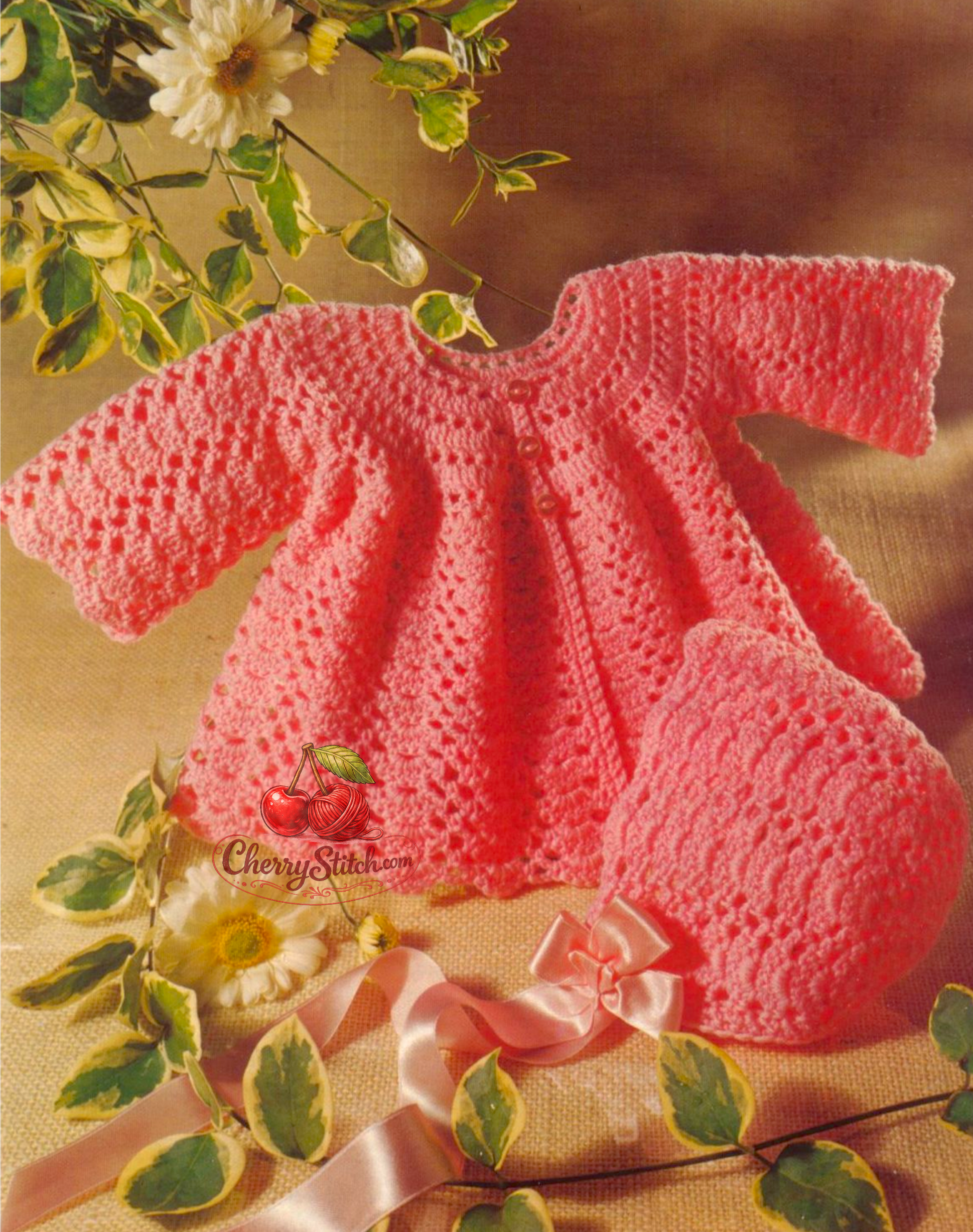 Vintage 1970s baby matinee jacket and bonnet crochet pattern. All-over lace stitch, yoke construction worked top-down, wide lacy skirt, 3 buttons. 4ply yarn, 19'' – 20'' (48 – 50 cm), approx. 6 – 12 months. UK crochet terms.