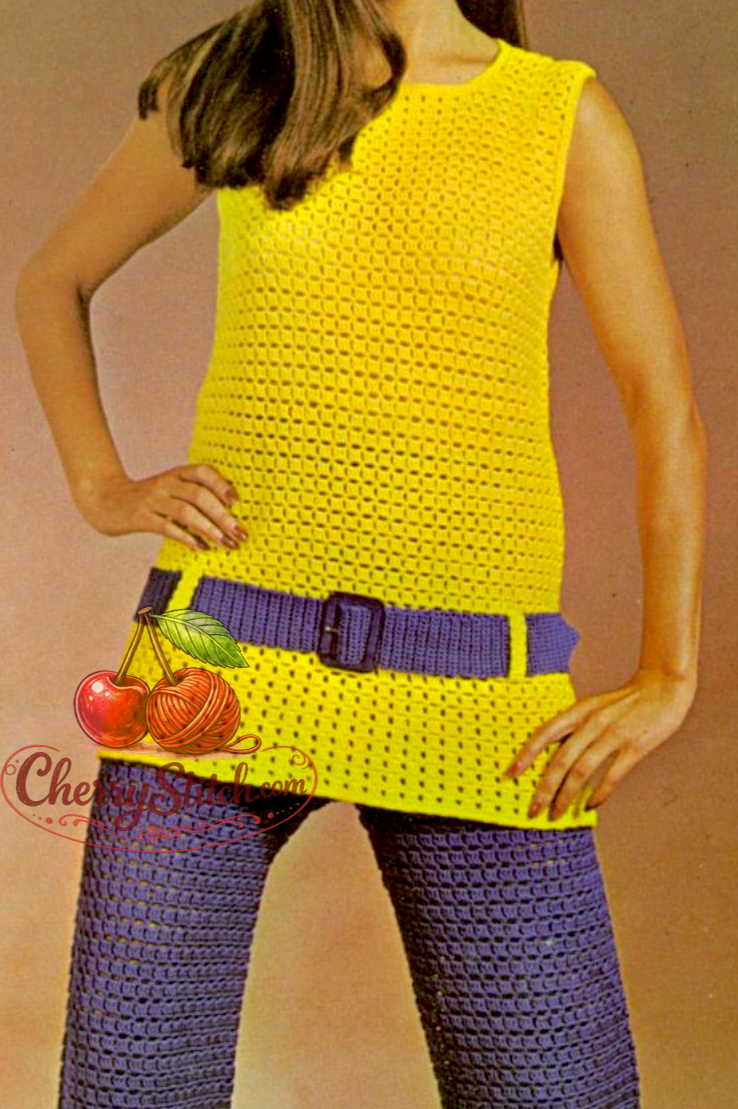 Close-up of stitch pattern on vintage 1970s women's crochet co-ord suit. Restored early 70s design — matching stitch throughout sleeveless top and wide-leg trousers, cotton thread size 3.