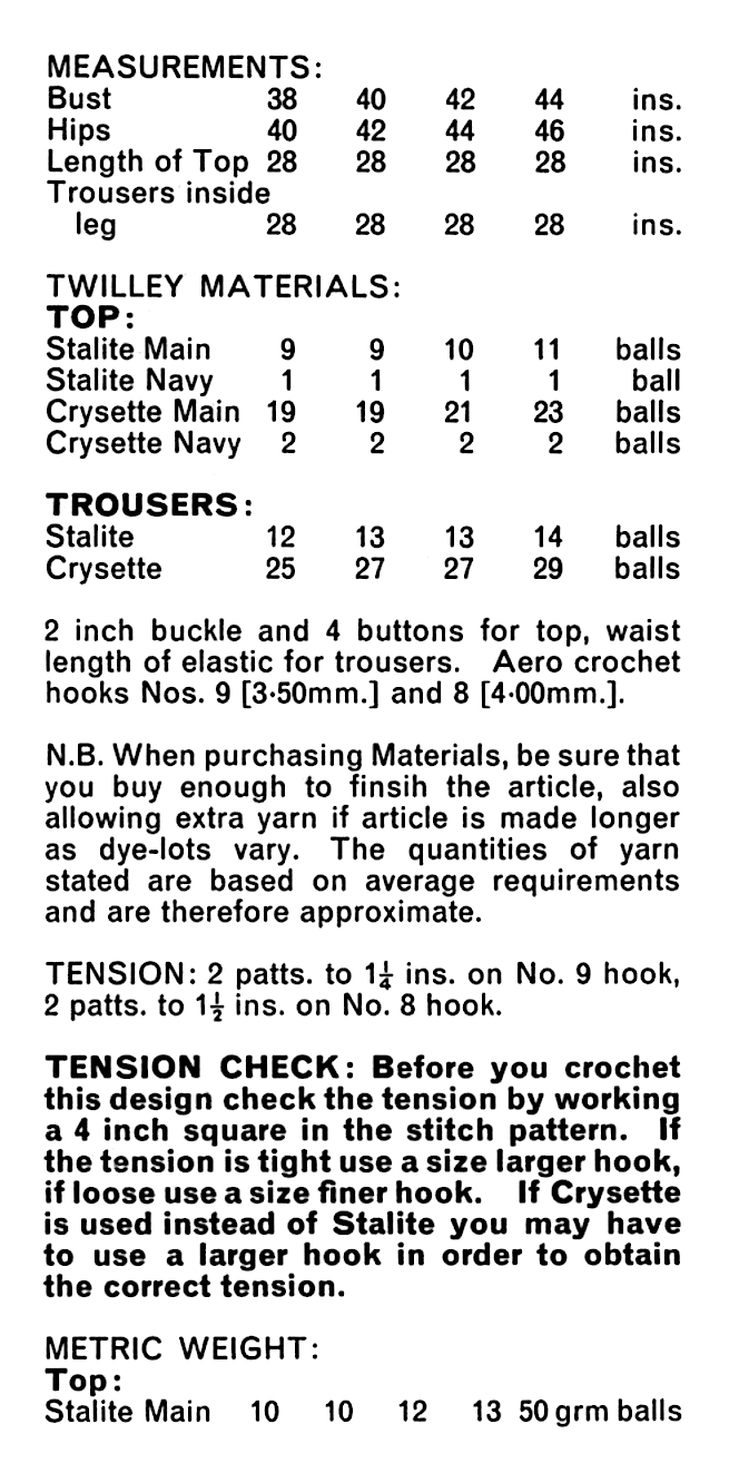 Materials and measurements for vintage 1970s women's crochet suit pattern — sleeveless belted top / tunic and wide-leg trousers, cotton thread size 3, 38'' – 40'' – 42'' – 44'' chest.