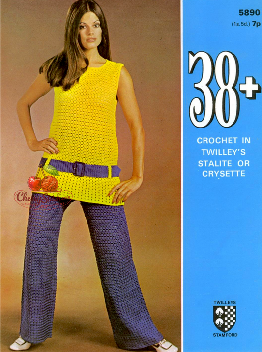 Vintage 1970s women's crochet suit pattern — sleeveless belted top or tunic with round neck and matching high-waisted wide-leg trousers. Cotton thread size 3, 38'' – 40'' – 42'' – 44'' chest. Intermediate crochet.