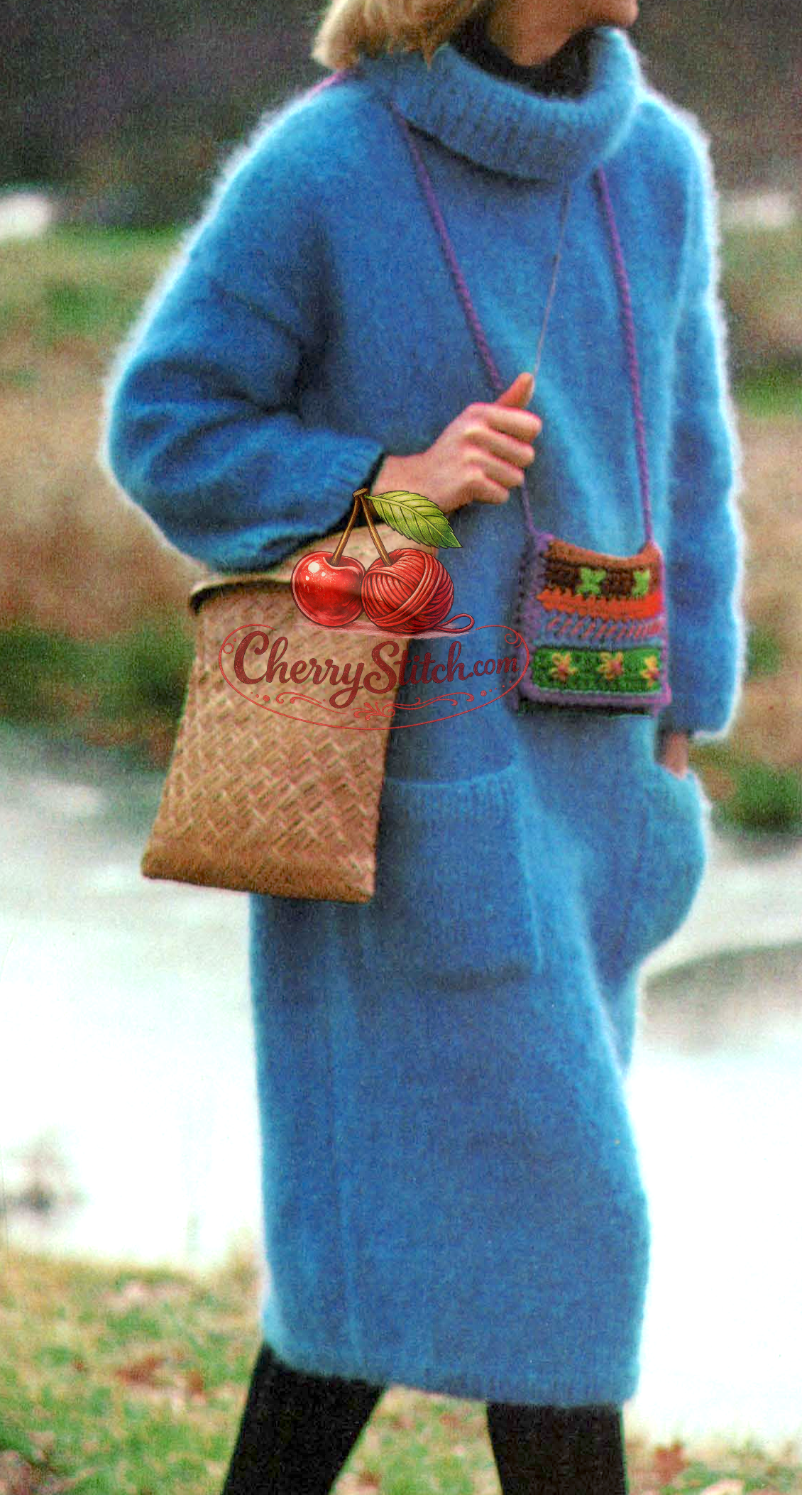 Close-up of mohair fabric texture on vintage 1970s women's dress knitting pattern. Restored retro design — soft halo-effect stocking stitch worked with 4ply and mohair held together. Easy knit.