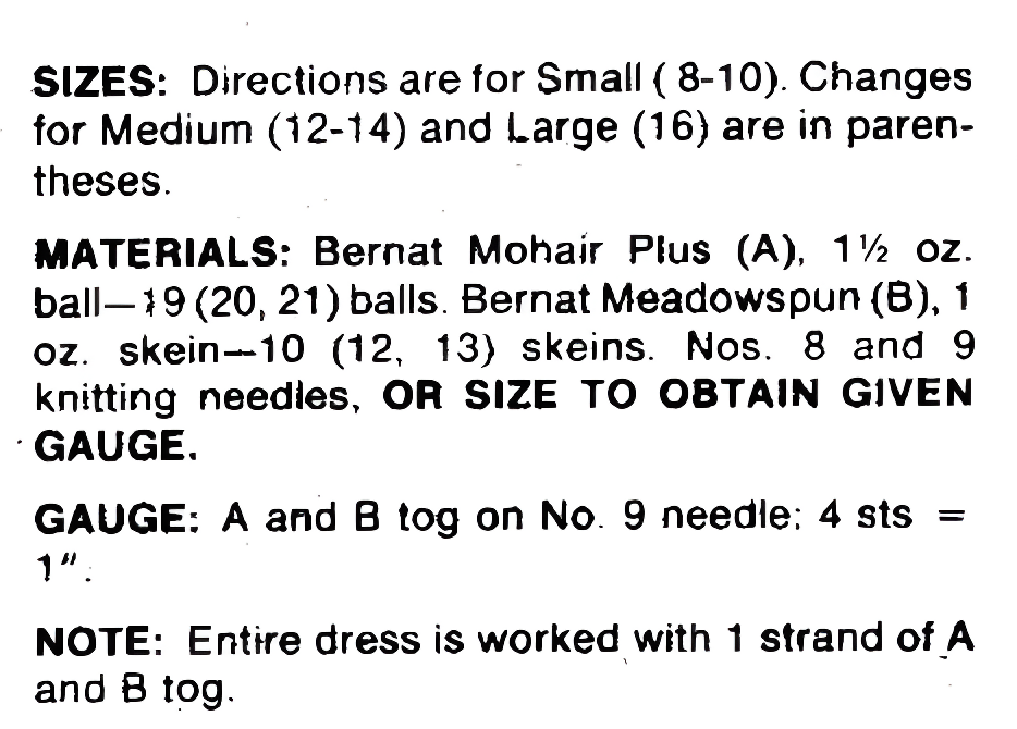 Materials and measurements for vintage 1970s women's mohair dress knitting pattern — box dress, turtleneck, pockets, one strand 4ply + one strand mohair, sizes Small–Medium–Large.