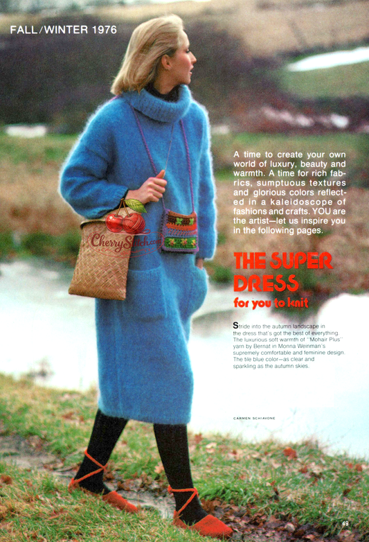 Vintage 1970s women's mohair dress knitting pattern. Simple box dress with drop shoulders, wide turtleneck and two large pockets. One strand 4ply + one strand mohair held together, stocking stitch. Sizes Small (8–10) – Medium (12–14) – Large (16). Easy knit.
