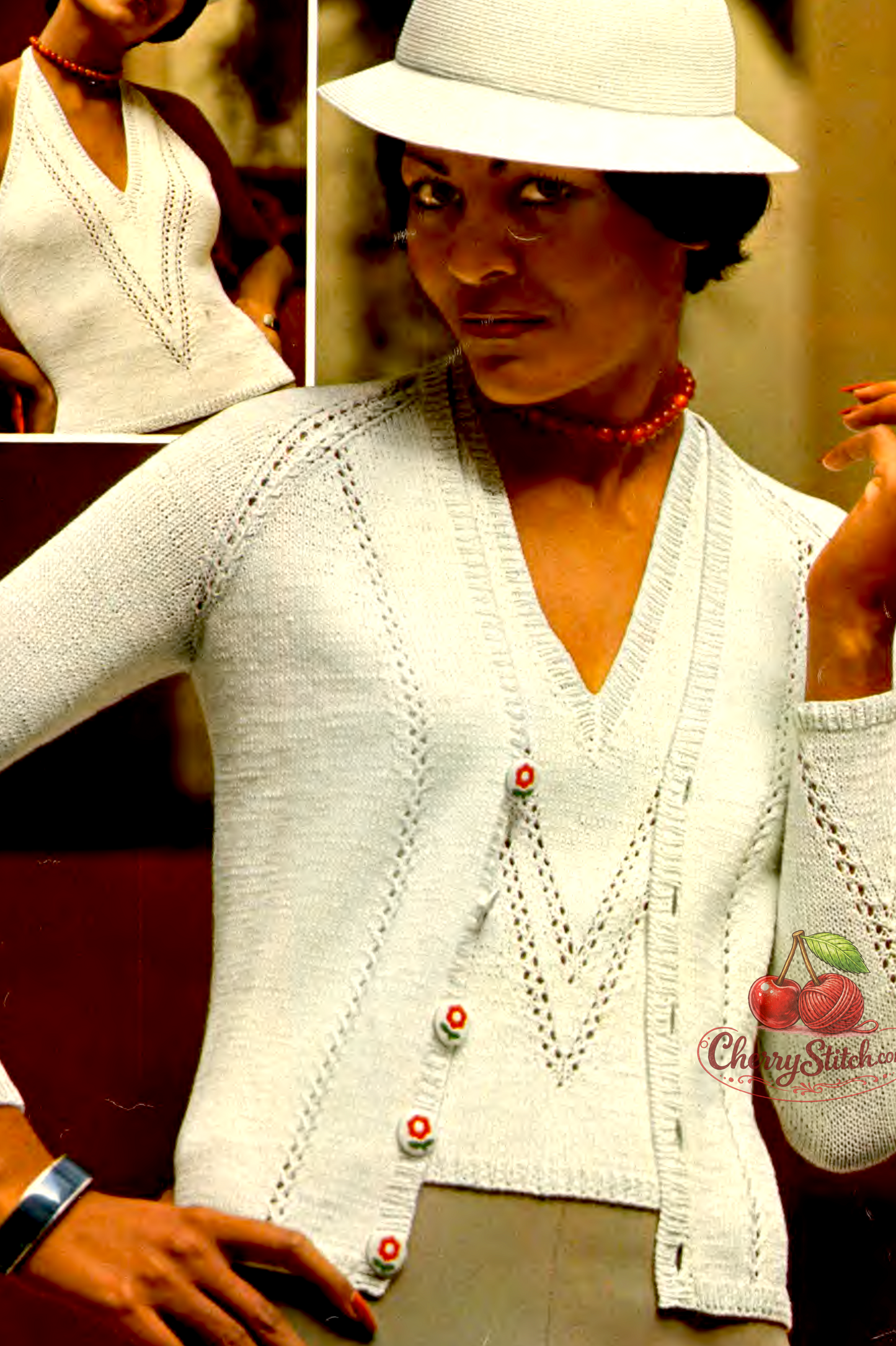 Close-up of vertical lace panel detail on vintage 1970s women's twin set knitting pattern. Restored feminine design — delicate narrow lace panels in stocking stitch, 4ply yarn. Halter top and raglan cardigan.