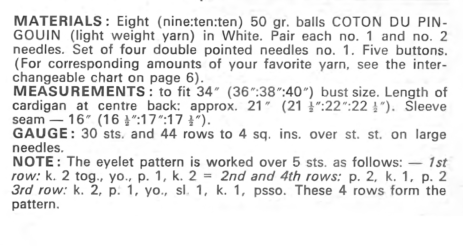 Materials and measurements for vintage 1970s women's twin set knitting pattern — V-neck halter top and raglan cardigan, lace panels, stocking stitch, 4ply yarn, 34'' – 36'' – 38'' – 40'' chest.