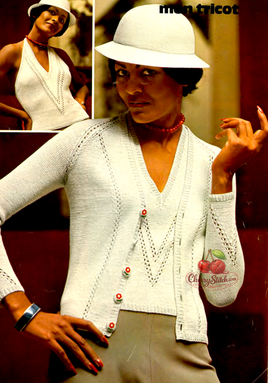 Vintage 1970s women's twin set knitting pattern — V-neck halter top and matching V-neck raglan cardigan. Stocking stitch with vertical narrow lace panels throughout. 4ply yarn, 34'' – 36'' – 38'' – 40'' chest. Intermediate knitting.
