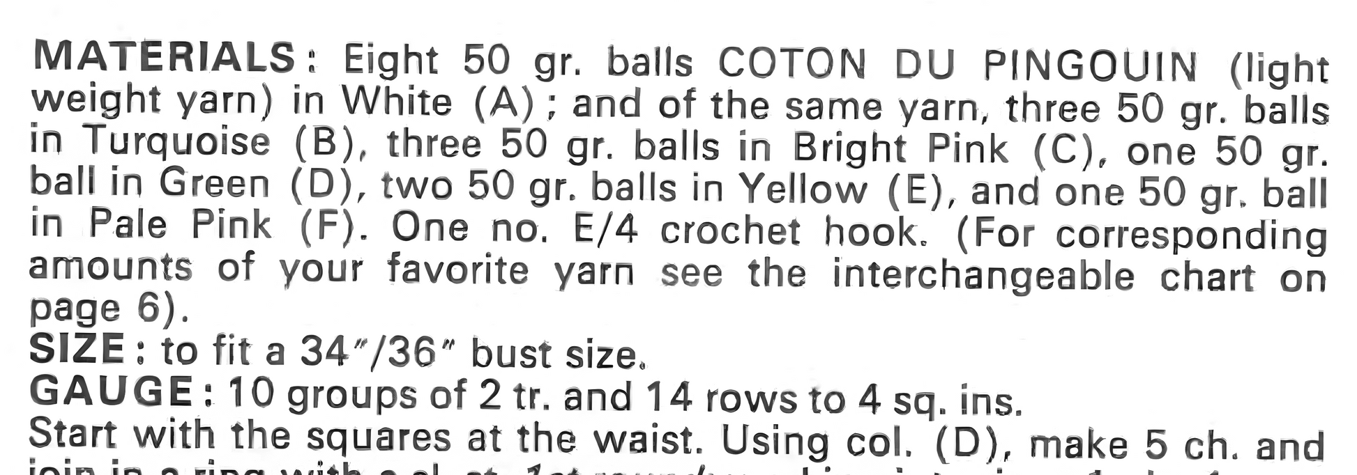 Materials and measurements for vintage 1970s women's long chevron ripple dress crochet pattern — sleeveless, shoulder straps, flared skirt, 4ply yarn, 34'' – 36'' bust. US crochet terms.