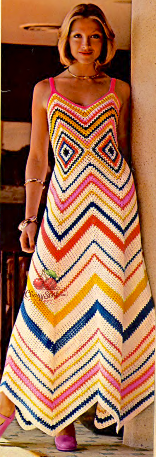Vintage 1970s women's long chevron ripple dress crochet pattern. Sleeveless with shoulder straps and wide flared skirt in classic large ripple stitch. Boho beach style. 4ply yarn, 34'' – 36'' bust. Also fits teenage girls. US crochet terms.