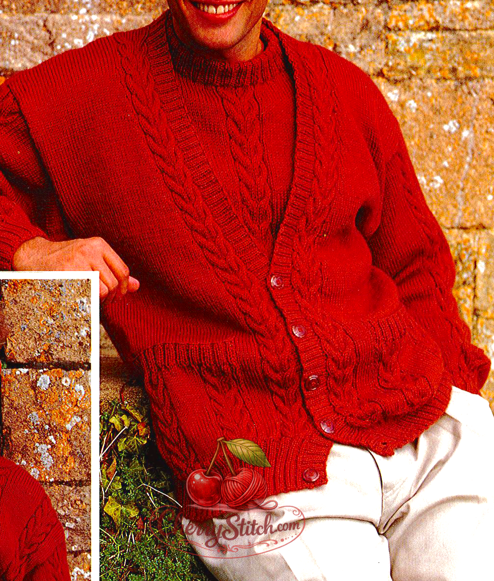Close-up of cable panel detail on vintage 1980s men's knitting pattern. Restored classic design — bold cable panels against stocking stitch background, DK yarn. V-neck cardigan and round neck sweater.
