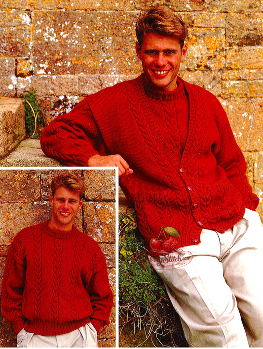 Vintage 1980s men's cable knit pattern — V-neck cardigan with drop shoulders, pockets and cable panels, and matching round neck sweater with cable panels on stocking stitch background. DK yarn, 36'' – 38'' – 40'' – 42'' – 44'' (91 – 97 – 102 – 107 – 112 cm) chest. Large print pattern. Intermediate knitting.