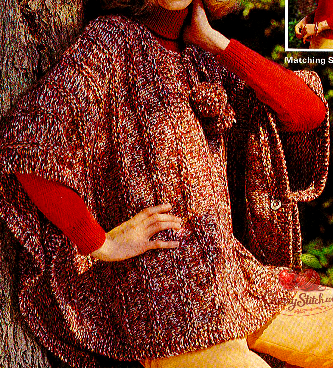 Close-up of garter stitch ridge detail on vintage 1970s women's chunky poncho knitting pattern. Restored boho retro design — bold vertical ridges in stocking stitch, sideways knit, super chunky yarn.