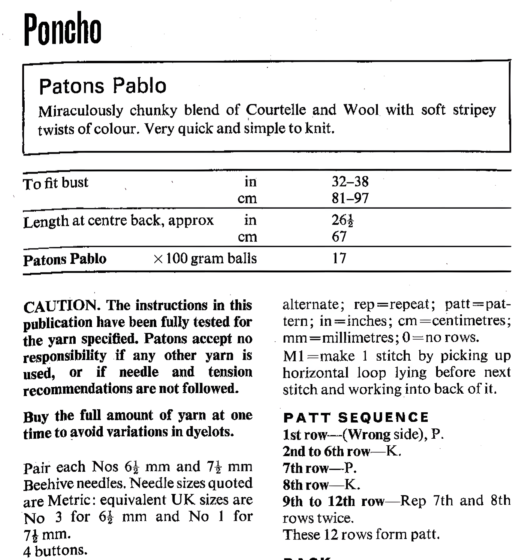 Materials and measurements for vintage 1970s women's chunky poncho and polo sweater knitting pattern — sideways knit poncho with pompon ties and drop shoulder polo sweater. Super chunky and DK yarn, 32''–38'' bust.