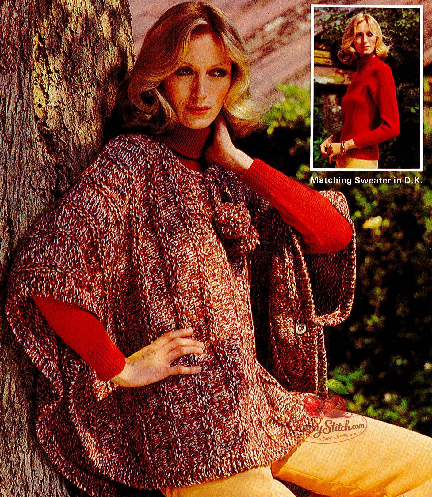 Vintage 1970s women's boho knitting pattern — wide chunky poncho worked sideways in stocking stitch with bold vertical garter stitch ridges, button sides and pompon ties, paired with a matching polo sweater with drop shoulders. Poncho: one size, 32''–38'' (81–97 cm) bust. Sweater: 32'' – 34'' – 36'' – 38'' (81 – 86 – 91 – 97 cm) bust. Super chunky and DK yarn.