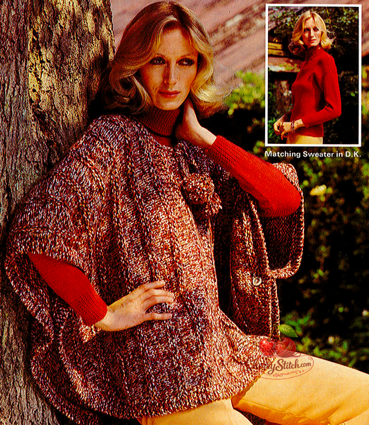 Vintage 1970s women's boho knitting pattern — wide chunky poncho worked sideways in stocking stitch with bold vertical garter stitch ridges, button sides and pompon ties, paired with a matching polo sweater with drop shoulders. Poncho: one size, 32''–38'' (81–97 cm) bust. Sweater: 32'' – 34'' – 36'' – 38'' (81 – 86 – 91 – 97 cm) bust. Super chunky and DK yarn.