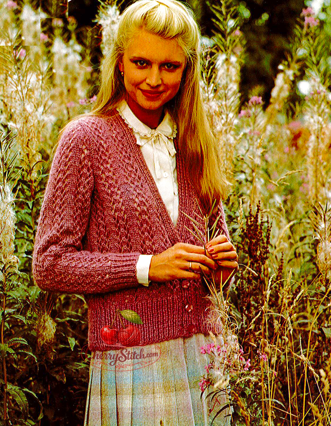Vintage 1980s women's lace cardigan knitting pattern. All-over lace stitch, deep V-neckline and high ribbed waist. Aran yarn, 32''–42'' (81–107 cm) bust. Intermediate knitting.