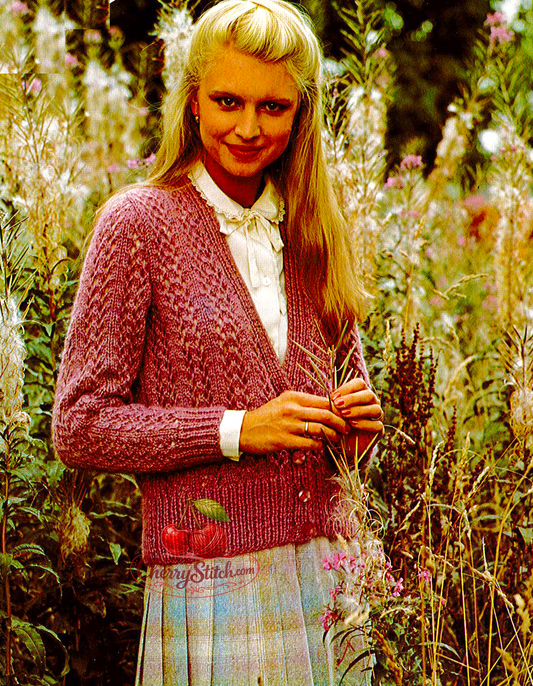 Vintage 1980s women's lace cardigan knitting pattern. All-over lace stitch, deep V-neckline and high ribbed waist. Aran yarn, 32''–42'' (81–107 cm) bust. Intermediate knitting.