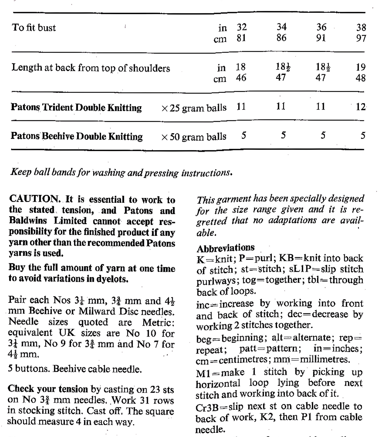 Materials and measurements for vintage 1970s women's Aran waistcoat knitting pattern — pointed fronts, traditional Aran stitches, rib back, DK yarn, 32''–38'' (81–97 cm) bust.