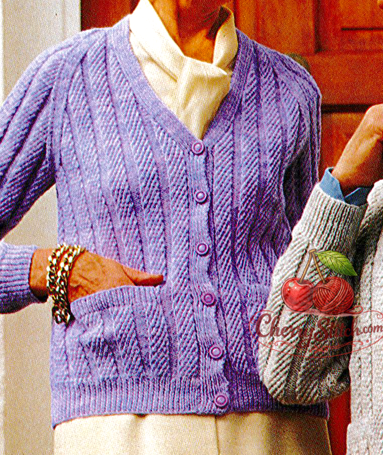 Close-up of soft rib stitch texture on vintage 1970s unisex raglan cardigan knitting pattern. Restored classic design — relaxed ribbed fabric, V-neck, 4ply yarn.