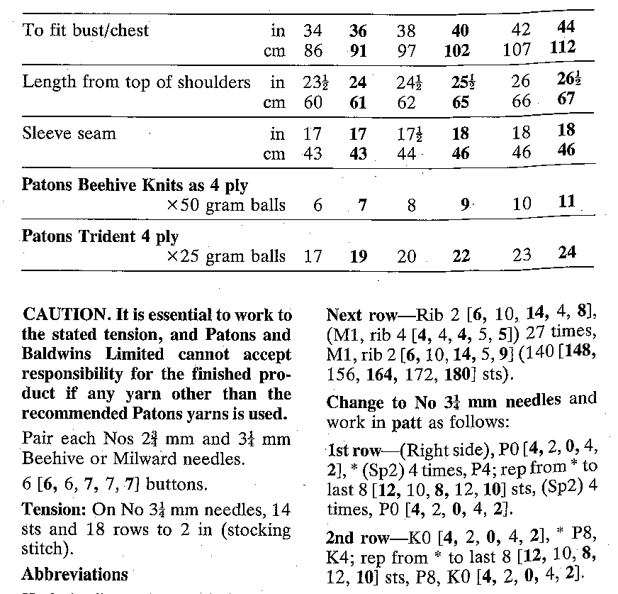 Materials and measurements for vintage 1970s women's and men's raglan cardigan knitting pattern — ribbed, V-neck, pockets, 4ply yarn, 34''–44'' (86–112 cm) chest/bust.