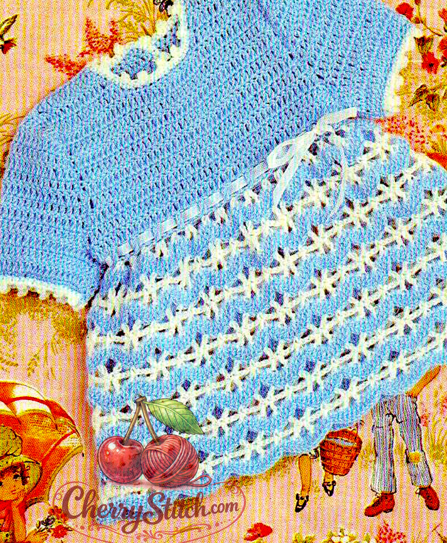 Close-up of lace skirt stitch detail on vintage 1970s baby girl's dress crochet pattern. Restored delicate design — pretty lace pattern, short sleeves, 4ply yarn. UK crochet terms.