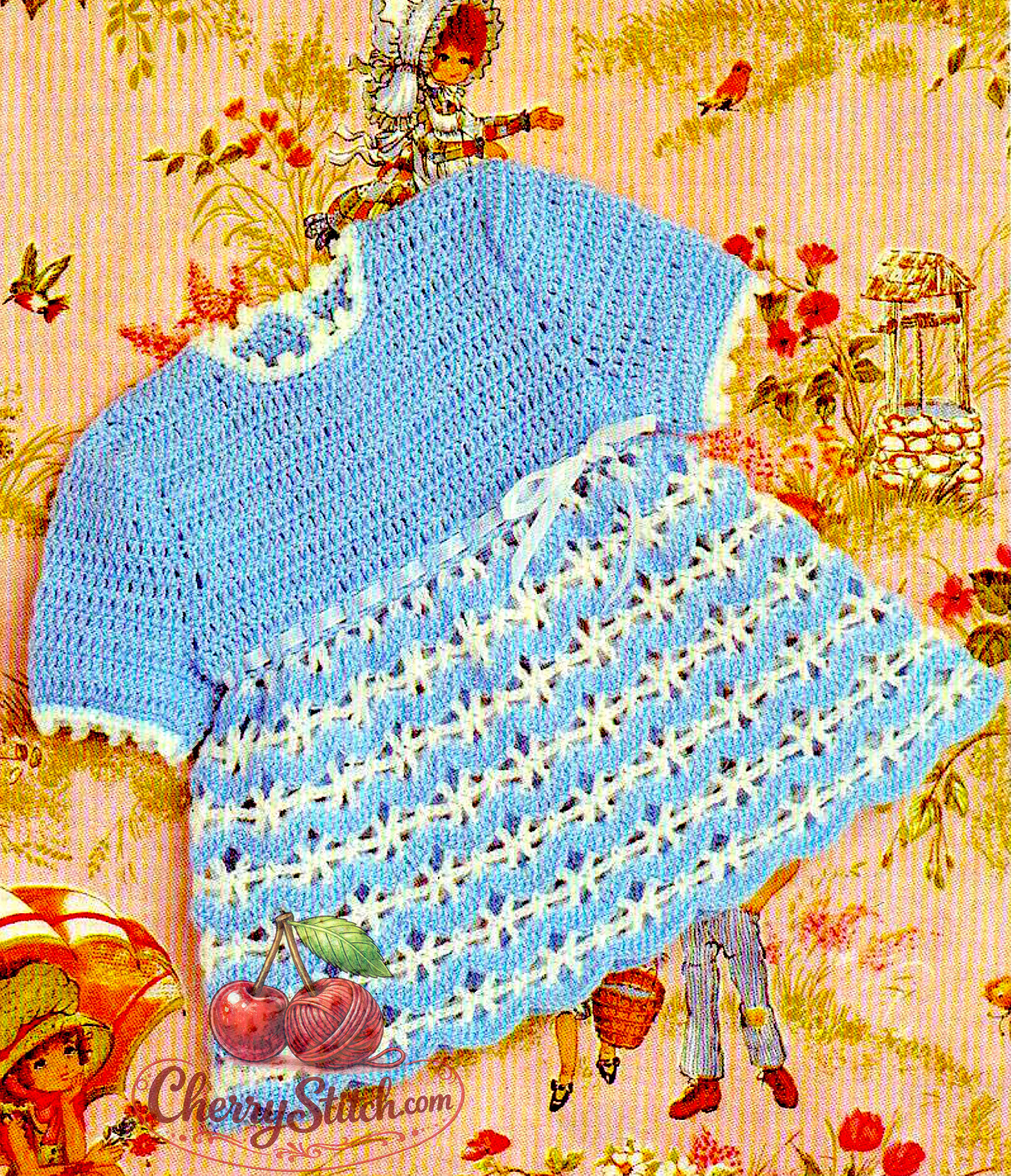 Vintage 1970s baby girl's dress crochet pattern. Short-sleeved bodice with beautiful lace-patterned skirt. 4ply yarn, 18''–20'' (46–51 cm), approx. 6 months and 12 months. UK crochet terms. Intermediate.