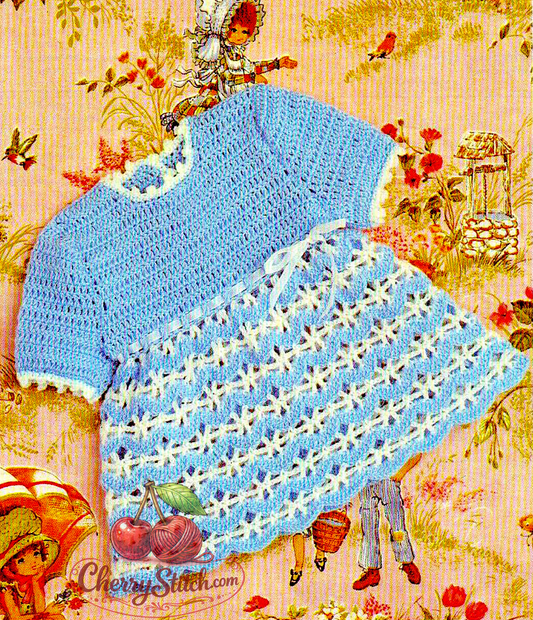 Vintage 1970s baby girl's dress crochet pattern. Short-sleeved bodice with beautiful lace-patterned skirt. 4ply yarn, 18''–20'' (46–51 cm), approx. 6 months and 12 months. UK crochet terms. Intermediate.
