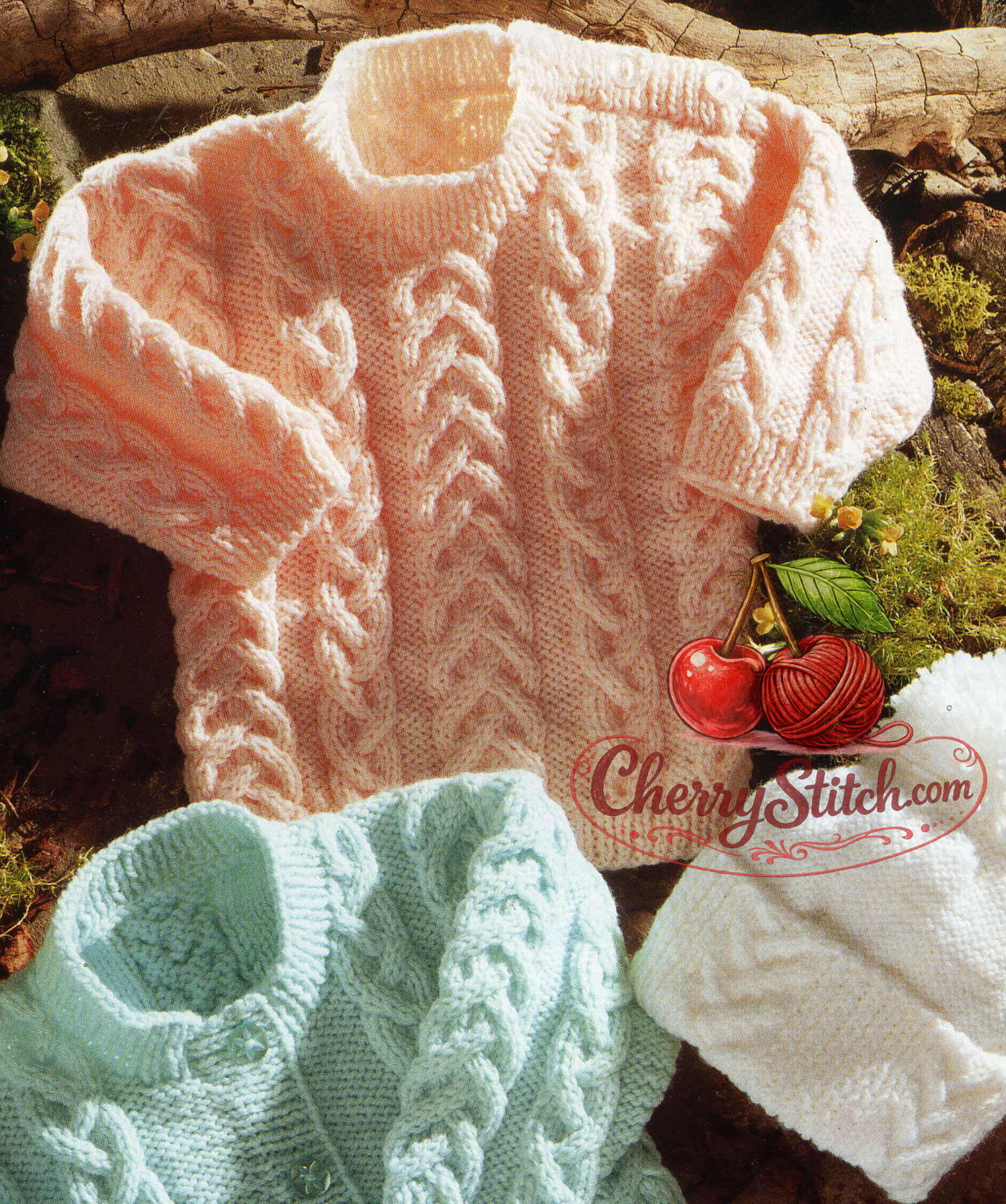 Close-up of vertical cable panel detail on vintage 1980s baby cardigan and sweater knitting pattern. Restored classic design — neat cable panels, round neck, DK yarn. Suits boys and girls.
