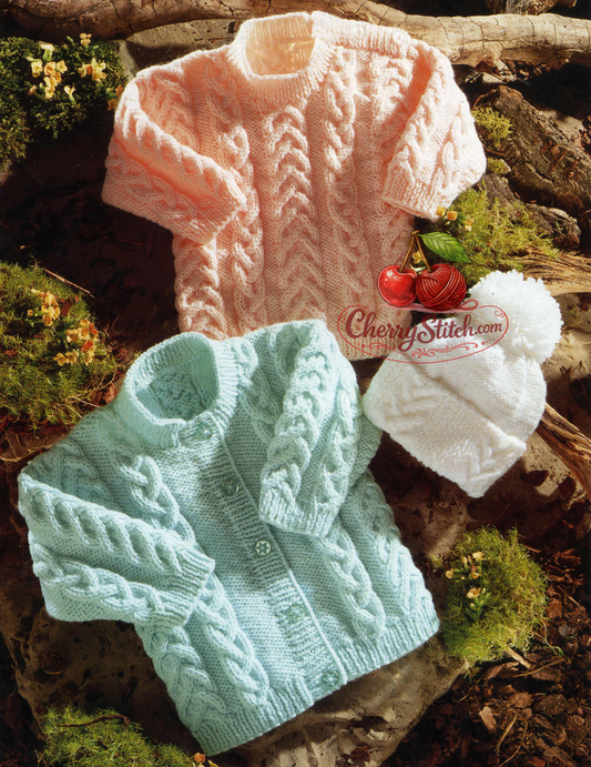 Vintage 1980s baby boy girl knitting pattern — round neck cardigan, matching round neck sweater and hat, all with vertical cable panels. DK yarn, 16''–24'' (41–61 cm) chest, approx. Birth – 6 months – 12 months – 2 years and 4 years. Intermediate knitting.