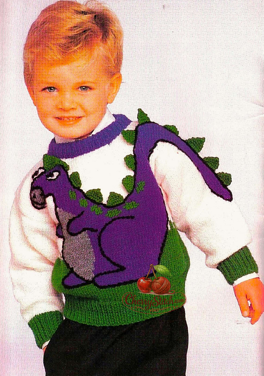 Vintage 1970s child's dinosaur sweater knitting pattern. Large Intarsia dinosaur on the front with 3D scales running down the front and along the sleeve as the tail. Aran yarn, 21''–24.5'' (53–62 cm) chest, approx. 2–3–4 and 6 years. Intermediate knitting.