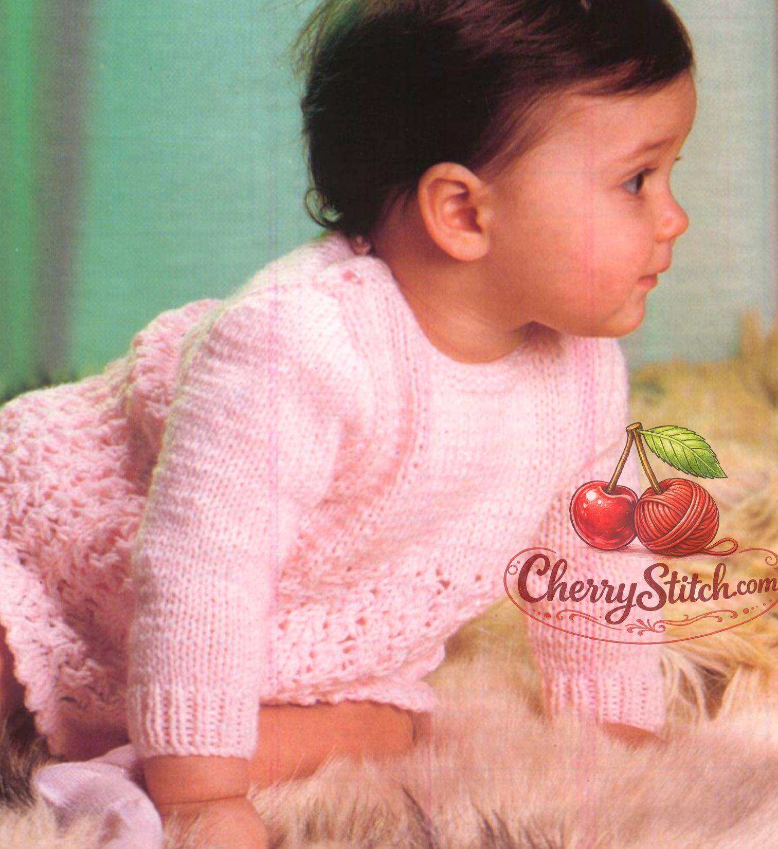 Close-up of textured skirt stitch detail on vintage 1970s baby girl's dress knitting pattern. Restored pretty design — decorative texture, long sleeves, DK yarn.