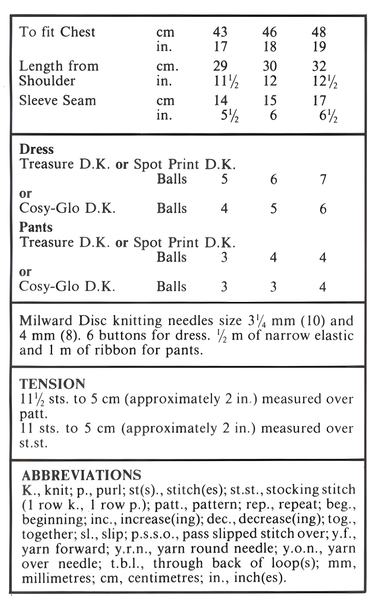 Materials and measurements for vintage 1970s baby girl's dress and pants knitting pattern — textured skirt, long sleeves, DK yarn, 17''–19'' (43–48 cm) chest, 3–9 months.