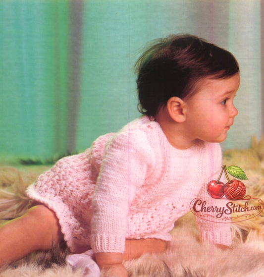 Vintage 1970s baby girl's dress and pants knitting pattern. Long-sleeved dress with pretty textured skirt and stocking stitch bodice, with matching pants. DK yarn, 17''–19'' (43–48 cm) chest, approx. 3 months – 6 months and 9 months. Intermediate knitting.