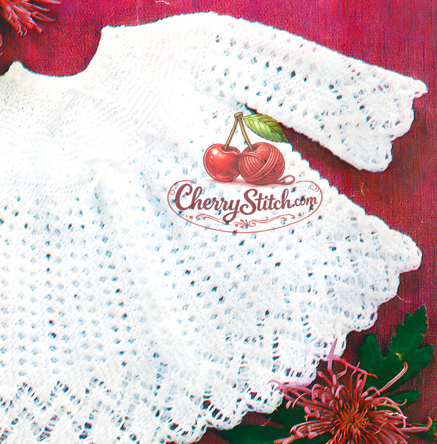 Close-up of diamond lace panel detail at the hem of vintage 1970s baby matinee coat cardigan knitting pattern. Restored heirloom design — delicate lace, flared skirt, 3ply or 4ply yarn.