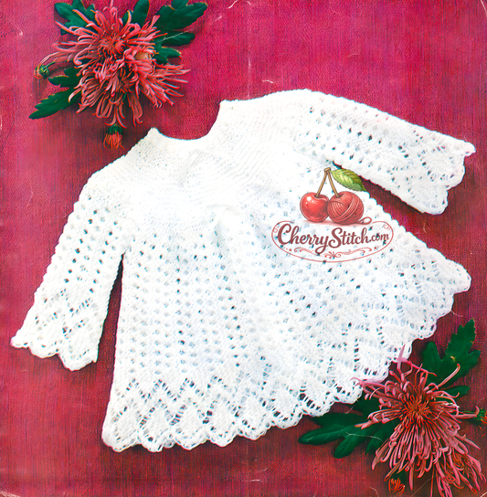 Vintage 1970s baby matinee coat cardigan knitting pattern. Wide flared skirt and sleeves with delicate diamond lace panels at the hem, garter stitch yoke, buttoned at the back. 3ply or 4ply yarn, 18''–20'' (46–50 cm) chest, approx. 6 months – 9 months and 12 months. Intermediate knitting.