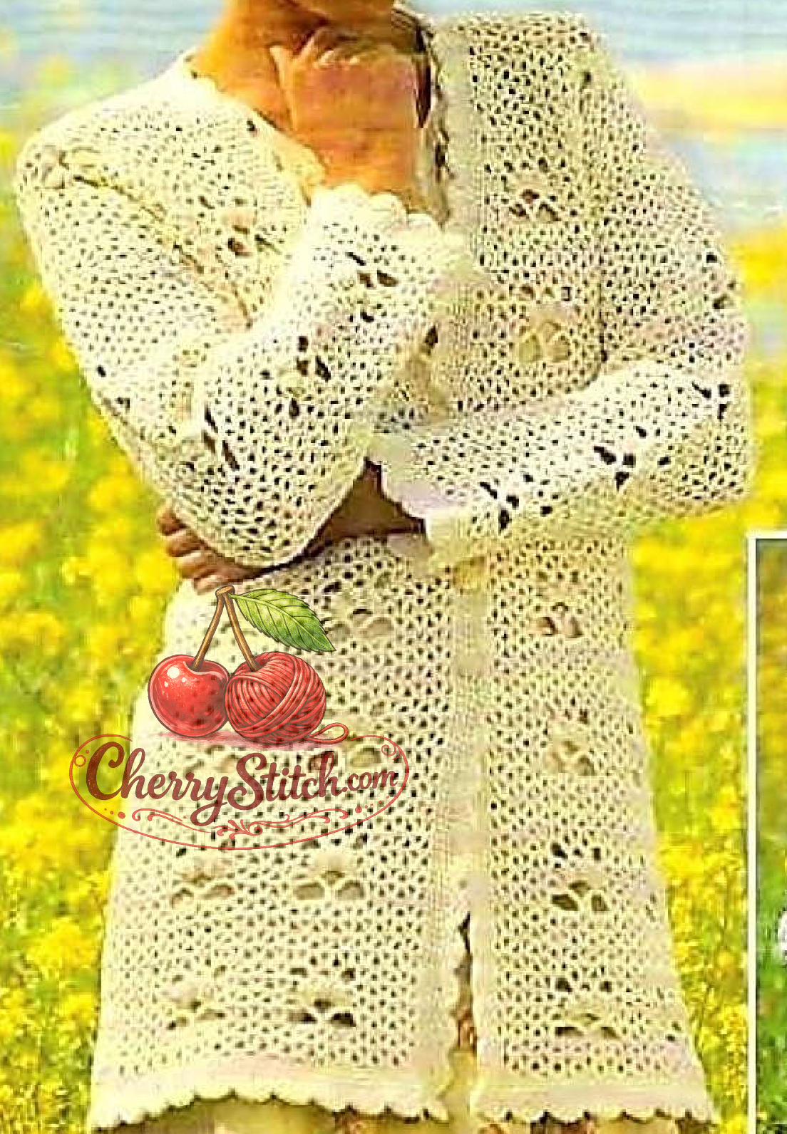 Close-up of all-over lace stitch detail on vintage 1980s women's crochet cardigan pattern. Restored elegant design — airy lace, V-neck, long sleeves, DK yarn. UK crochet terms.