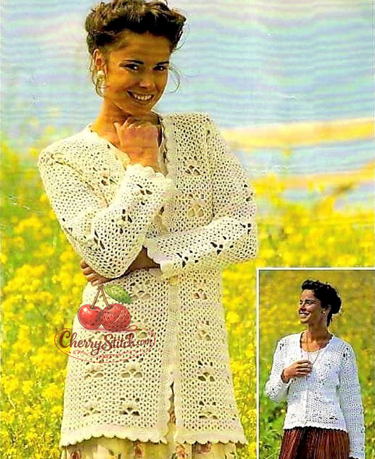 Vintage 1980s women's lacy cardigan crochet pattern. Long and short versions — V-neckline, long sleeves, all-over lace stitch. DK yarn, sizes S–M–L (37''–43.5'' / 92–109 cm) chest. UK crochet terms. Intermediate.